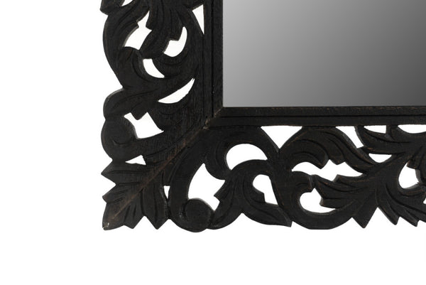 HomeRoots 47" Black Floral Carved Accent Mirror - Handcrafted Solid Wood Frame for Rustic Elegance & Charm 521567