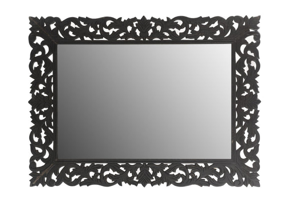 HomeRoots 47" Black Floral Carved Accent Mirror - Handcrafted Solid Wood Frame for Rustic Elegance & Charm 521567