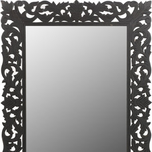 HomeRoots 47" Black Floral Carved Accent Mirror - Handcrafted Solid Wood Frame for Rustic Elegance & Charm 521567