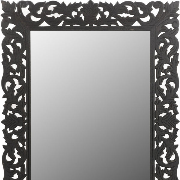 HomeRoots 47" Black Floral Carved Accent Mirror - Handcrafted Solid Wood Frame for Rustic Elegance & Charm 521567