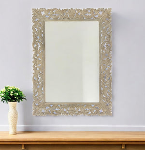 Homeroots 35" Gray Floral Carved Solid Wood Framed Accent Mirror  Wood 521568