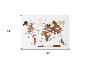 Homeroots 24" X 39" Brown And Beige Wood World Map Hanging Dimensional Sculpture  Plywood 521577