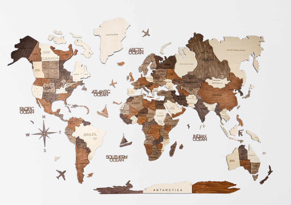 Homeroots 24" X 39" Brown And Beige Wood World Map Hanging Dimensional Sculpture  Plywood 521577