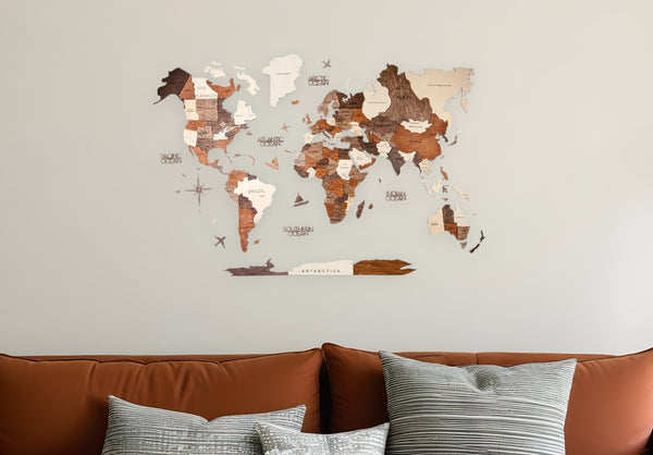 Homeroots 24" X 39" Brown And Beige Wood World Map Hanging Dimensional Sculpture  Plywood 521577