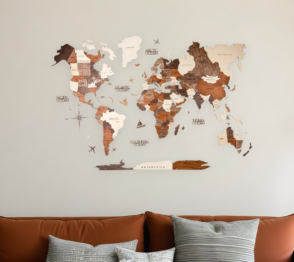 Homeroots 35" X 59" Brown And Beige Wood World Map Hanging Dimensional Sculpture  Plywood 521578