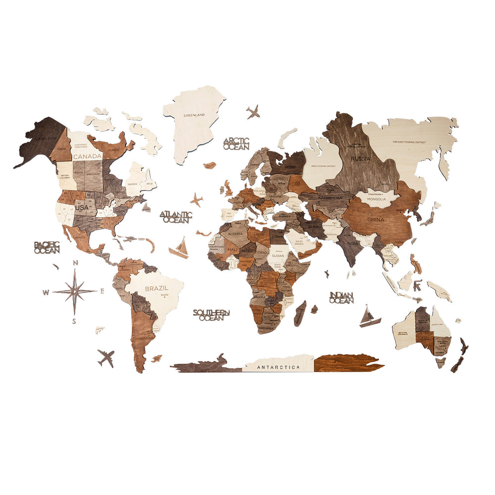 Homeroots 47" X 79" Brown And Beige Wood World Map Hanging Dimensional Sculpture  Plywood 521579