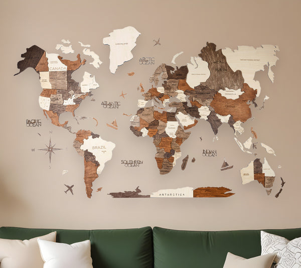 Homeroots 47" X 79" Brown And Beige Wood World Map Hanging Dimensional Sculpture  Plywood 521579