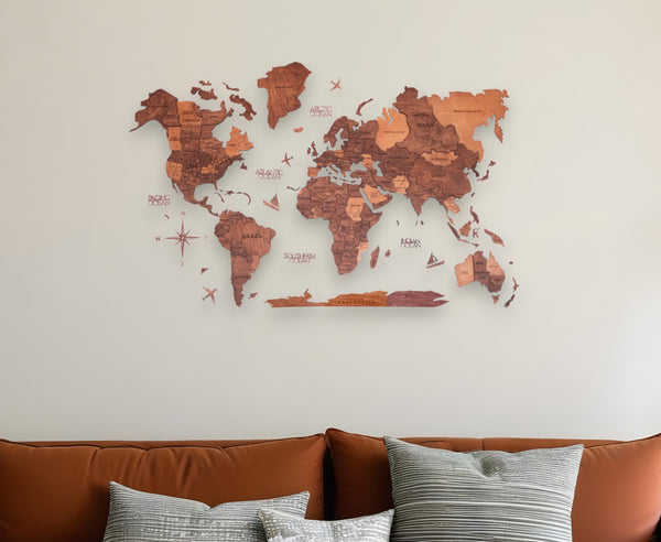 HomeRoots 24" Stunning Handcrafted Brown & Tan Wood World Map Sculpture - Dimensional Wall Art for Travel Lovers 521580