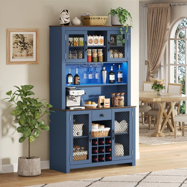 English Elm 70.9" Farmhouse Hutch Pantry with Led Lighting Wine Rack Mesh Doors and Built-in Power Navy Blue CH361426AAL