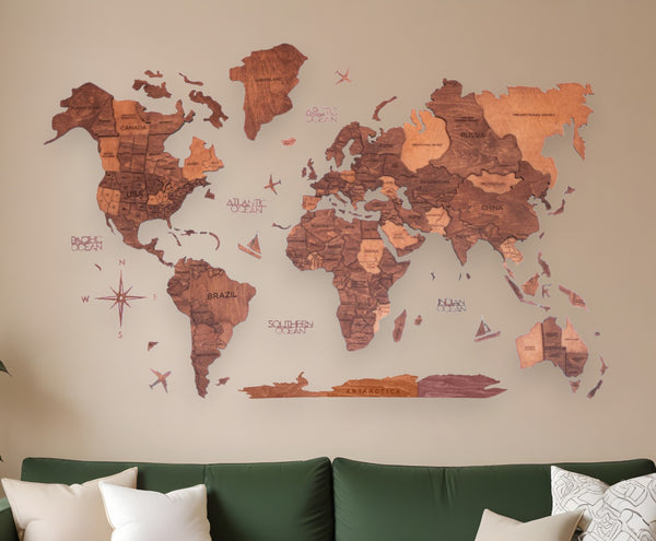 HomeRoots 47" Handcrafted Brown and Tan Wood World Map Wall Art Sculpture – Unique Dimensional Decor Piece 521582