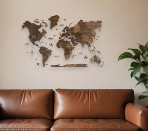 HomeRoots 24" Handcrafted Brown Wood World Map Sculpture - Unique Dimensional Wall Art for Home Décor & Gifts 521583