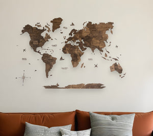 HomeRoots 35" Dark Brown Wood World Map Sculpture - Handcrafted Dimensional Art for Home & Office Decor 521584