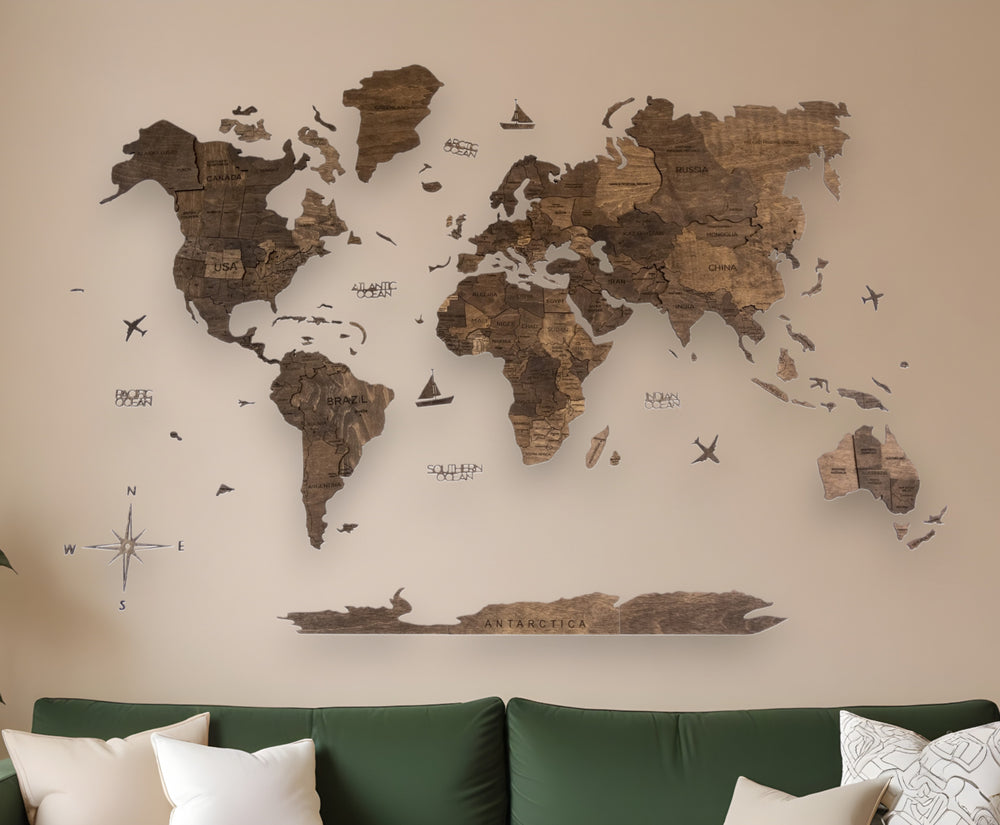 Homeroots 47" X 79" Dark Brown Wood World Map Hanging Dimensional Sculpture  Plywood 521585