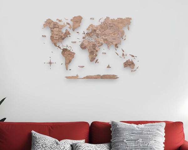 HomeRoots 24" Stunning Dimensional Wood World Map Sculpture - Handcrafted Plywood Art for Home Decor 521586