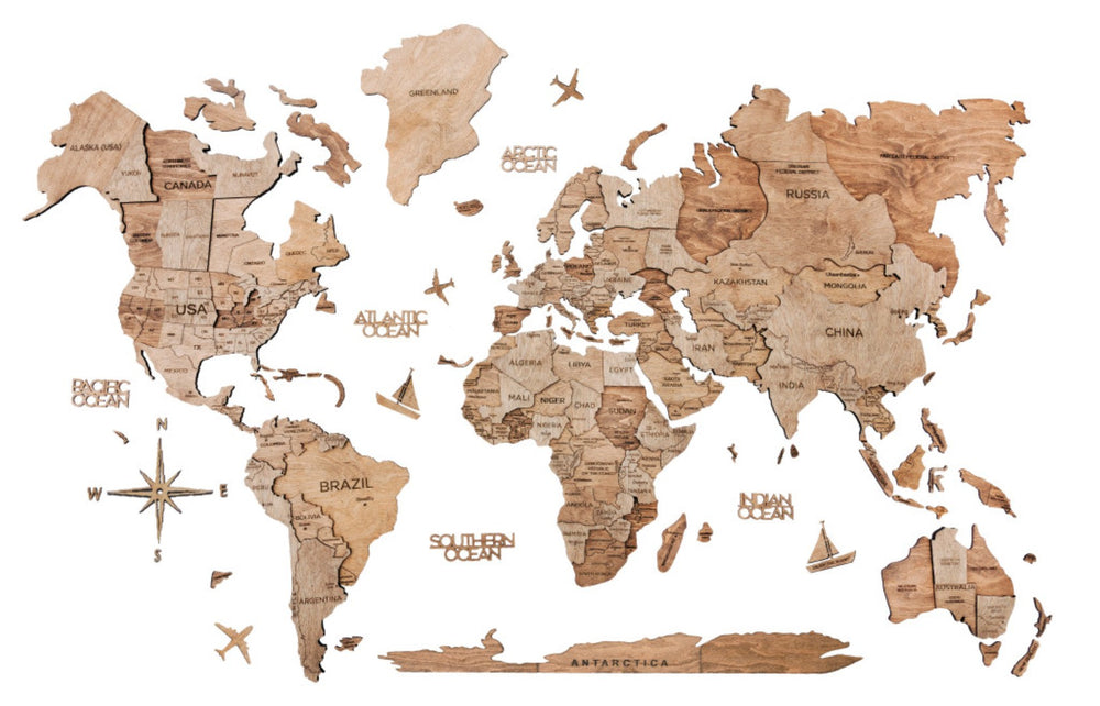 HomeRoots 35" Wood Brown World Map Sculpture – Handcrafted Dimensional Art for Travel Lovers & Home Decor 521587