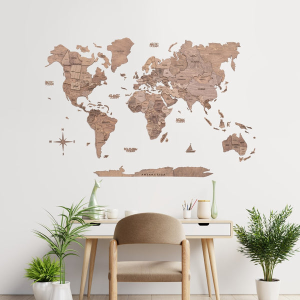 HomeRoots 35" Wood Brown World Map Sculpture – Handcrafted Dimensional Art for Travel Lovers & Home Decor 521587