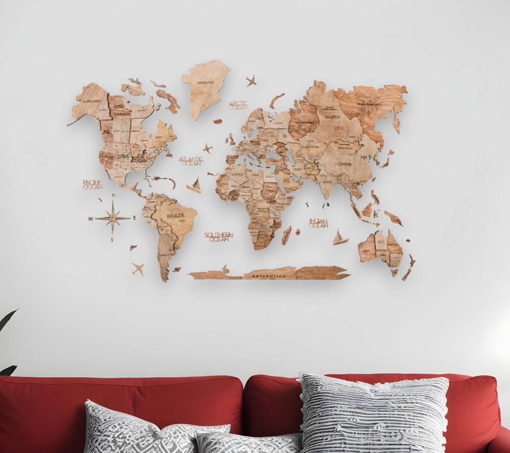 HomeRoots 35" Wood Brown World Map Sculpture – Handcrafted Dimensional Art for Travel Lovers & Home Decor 521587