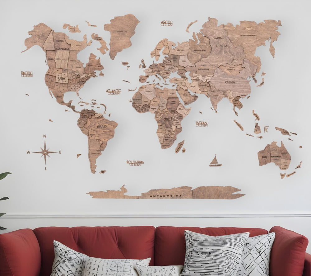 HomeRoots 47" Handcrafted Wood World Map Sculpture - Dimensional Wall Art for Travel Lovers & Home Decor 521588