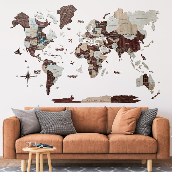 Homeroots 35" X 59" Brown And Beige Wood World Map Hanging Dimensional Sculpture  Plywood 521590