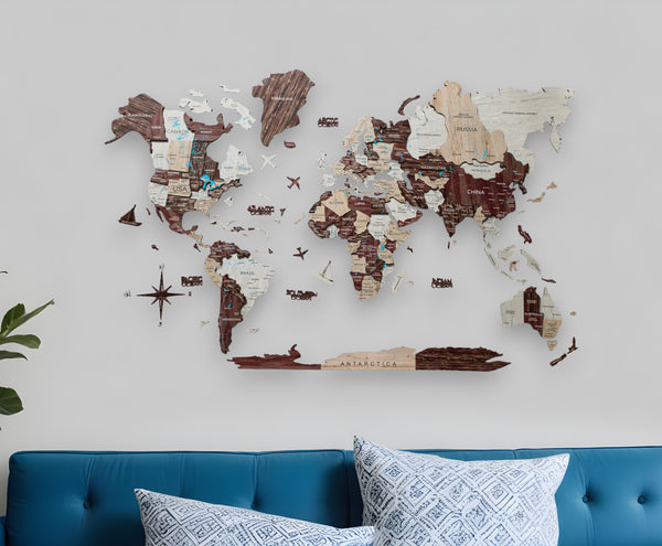 Homeroots 35" X 59" Brown And Beige Wood World Map Hanging Dimensional Sculpture  Plywood 521590