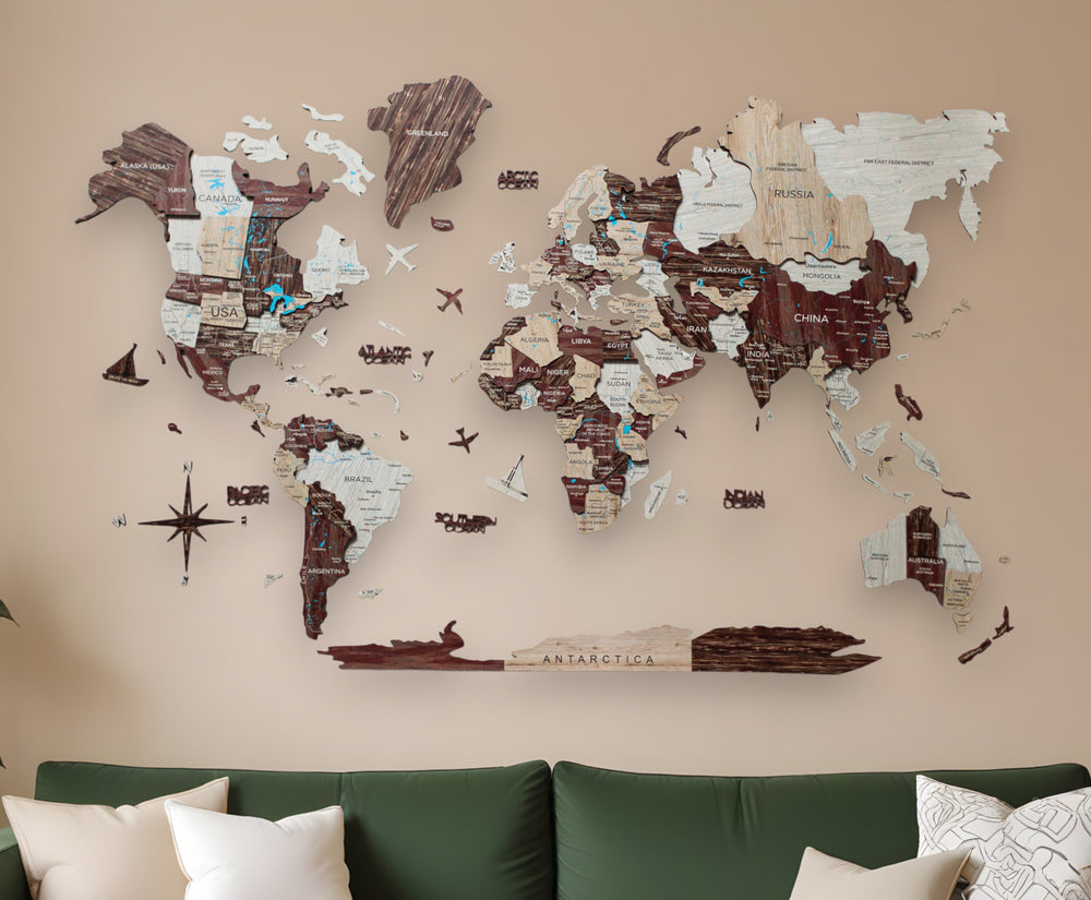 Homeroots 47" X 79" Brown And Beige Wood World Map Hanging Dimensional Sculpture  Plywood 521591