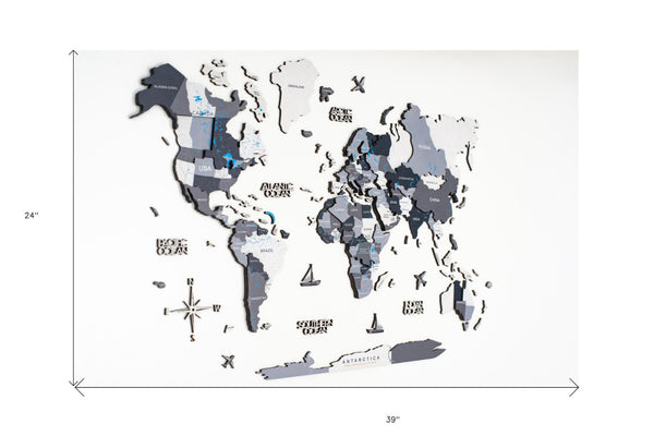 HomeRoots 24" Handcrafted Dimensional Black and Gray World Map Wall Art - Unique Travel-Inspired Decor Piece 521592