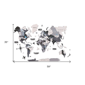 HomeRoots 35" Handcrafted Black, Gray & White World Map Wall Art – Stunning Dimensional Sculpture for Decor 521593