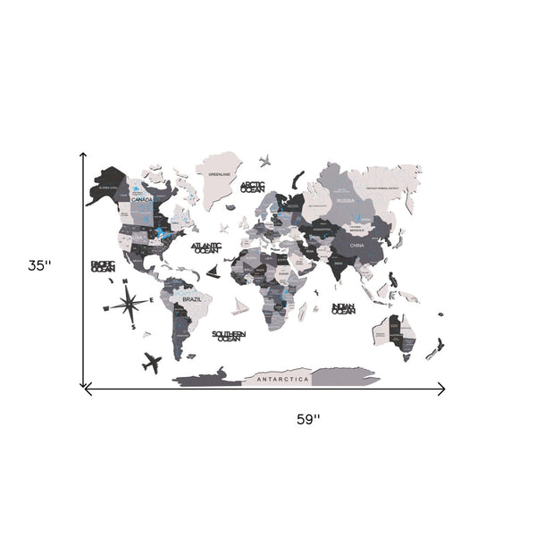 HomeRoots 35" Handcrafted Black, Gray & White World Map Wall Art – Stunning Dimensional Sculpture for Decor 521593
