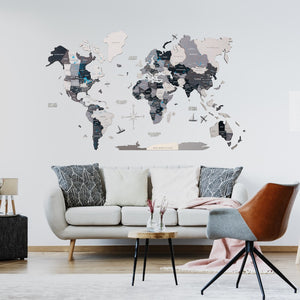 HomeRoots 35" Handcrafted Black, Gray & White World Map Wall Art – Stunning Dimensional Sculpture for Decor 521593