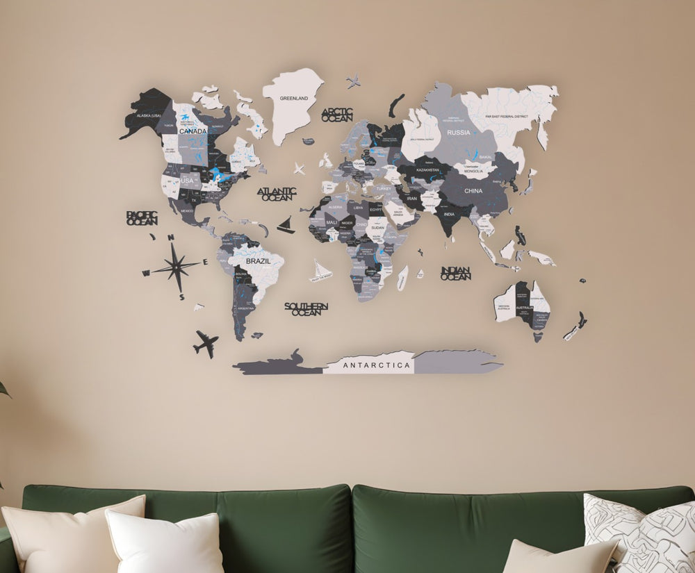 HomeRoots 35" Handcrafted Black, Gray & White World Map Wall Art – Stunning Dimensional Sculpture for Decor 521593