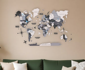 HomeRoots 35" Handcrafted Black, Gray & White World Map Wall Art – Stunning Dimensional Sculpture for Decor 521593