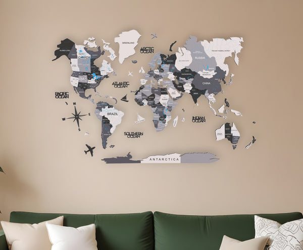 HomeRoots 35" Handcrafted Black, Gray & White World Map Wall Art – Stunning Dimensional Sculpture for Decor 521593