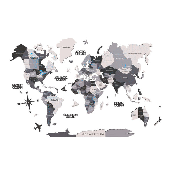 HomeRoots 35" Handcrafted Black, Gray & White World Map Wall Art – Stunning Dimensional Sculpture for Decor 521593
