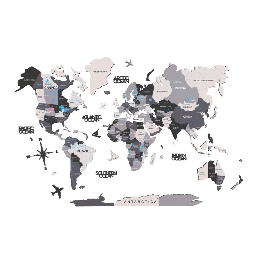 HomeRoots 47" Handcrafted Dimensional World Map Sculpture in Black, Gray & White - Eye-Catching Wall Art Décor 521594