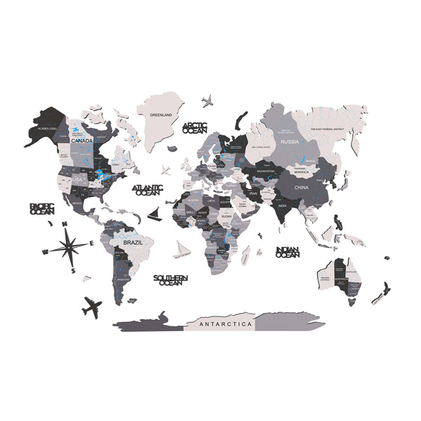 Homeroots 47" X 79" Black Gray And White Wood World Map Hanging Dimensional Sculpture  Wood 521594