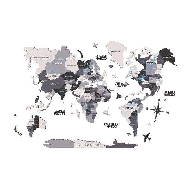 Homeroots 47" X 79" Black Gray And White Wood World Map Hanging Dimensional Sculpture  Wood 521594