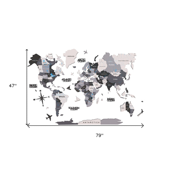 Homeroots 47" X 79" Black Gray And White Wood World Map Hanging Dimensional Sculpture  Wood 521594