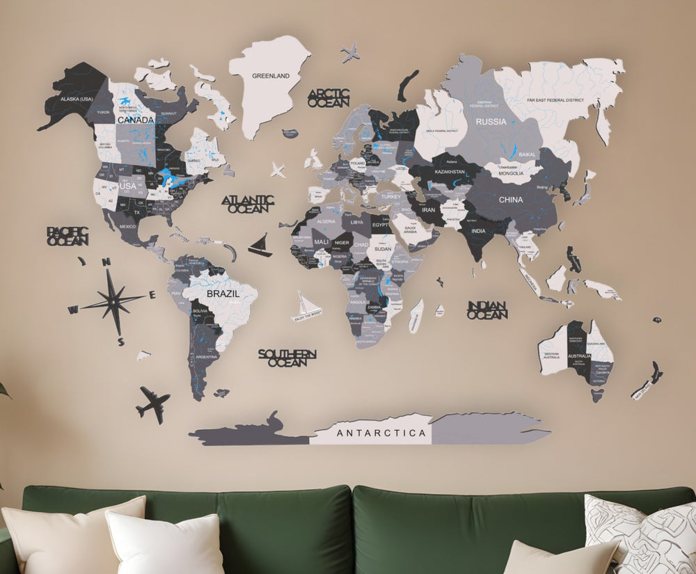 HomeRoots 47" Handcrafted Dimensional World Map Sculpture in Black, Gray & White - Eye-Catching Wall Art Décor 521594