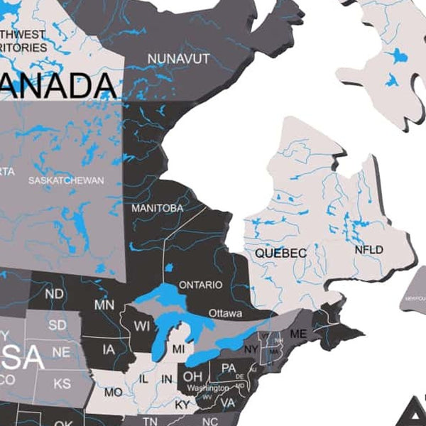 Homeroots 47" X 79" Black Gray And White Wood World Map Hanging Dimensional Sculpture  Wood 521594