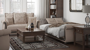 Homeroots 95" Beige Chenille Chesterfield Paisley Sleeper Sofa And Toss Pillows   521595