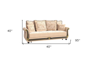Homeroots 95" Beige Chenille Chesterfield Paisley Sleeper Sofa And Toss Pillows   521595