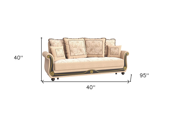 Homeroots 95" Beige Chenille Chesterfield Paisley Sleeper Sofa And Toss Pillows   521595