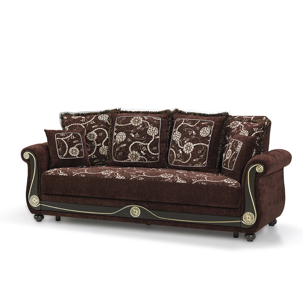 Homeroots 95" Brown Chenille Paisley Sleeper Sofa And Toss Pillows   521596