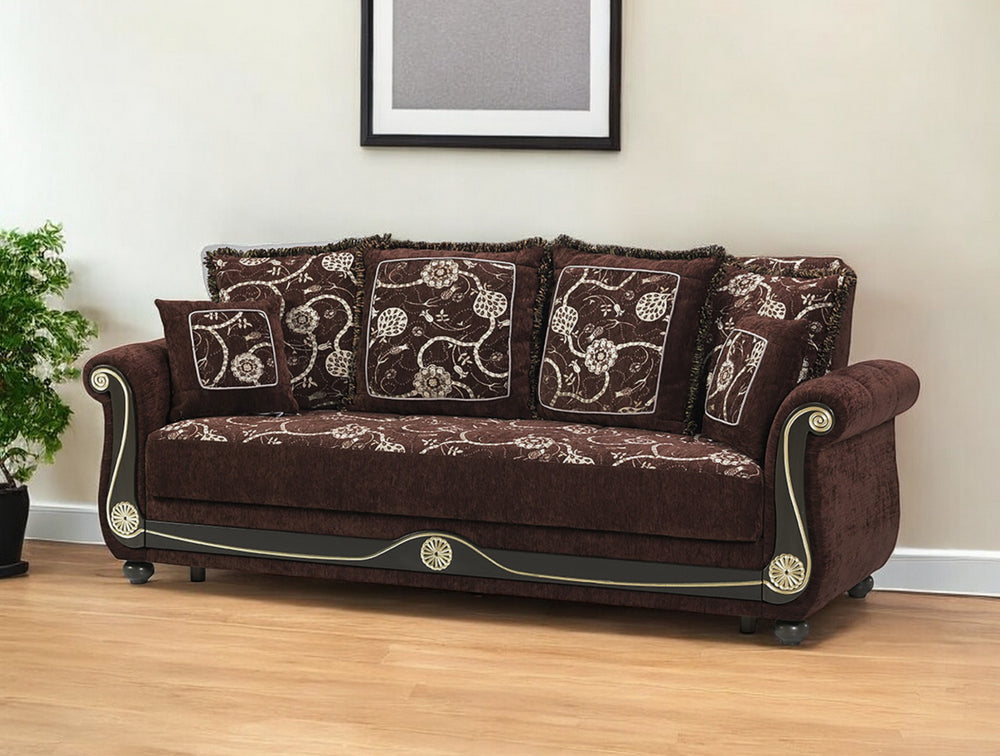 Homeroots 95" Brown Chenille Paisley Sleeper Sofa And Toss Pillows   521596