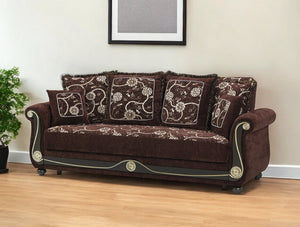 Homeroots 95" Brown Chenille Paisley Sleeper Sofa And Toss Pillows   521596