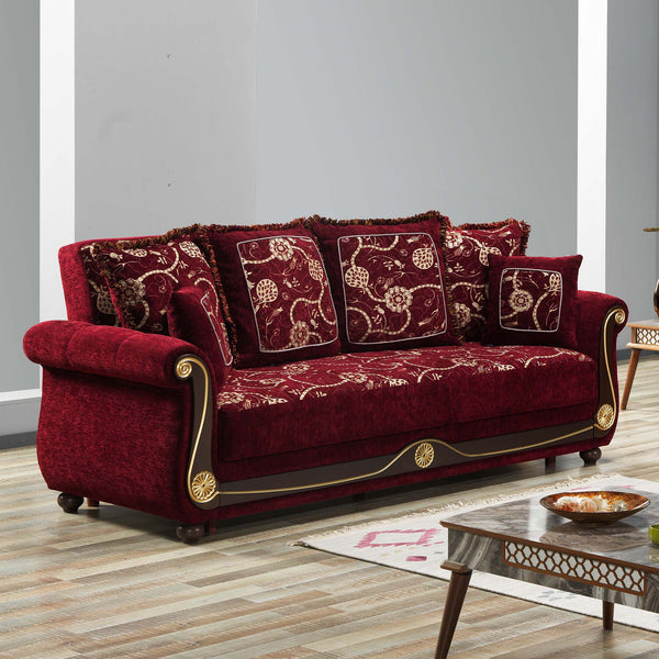 Homeroots 95" Burgundy Chenille Paisley Sleeper Sofa And Toss Pillows   521597