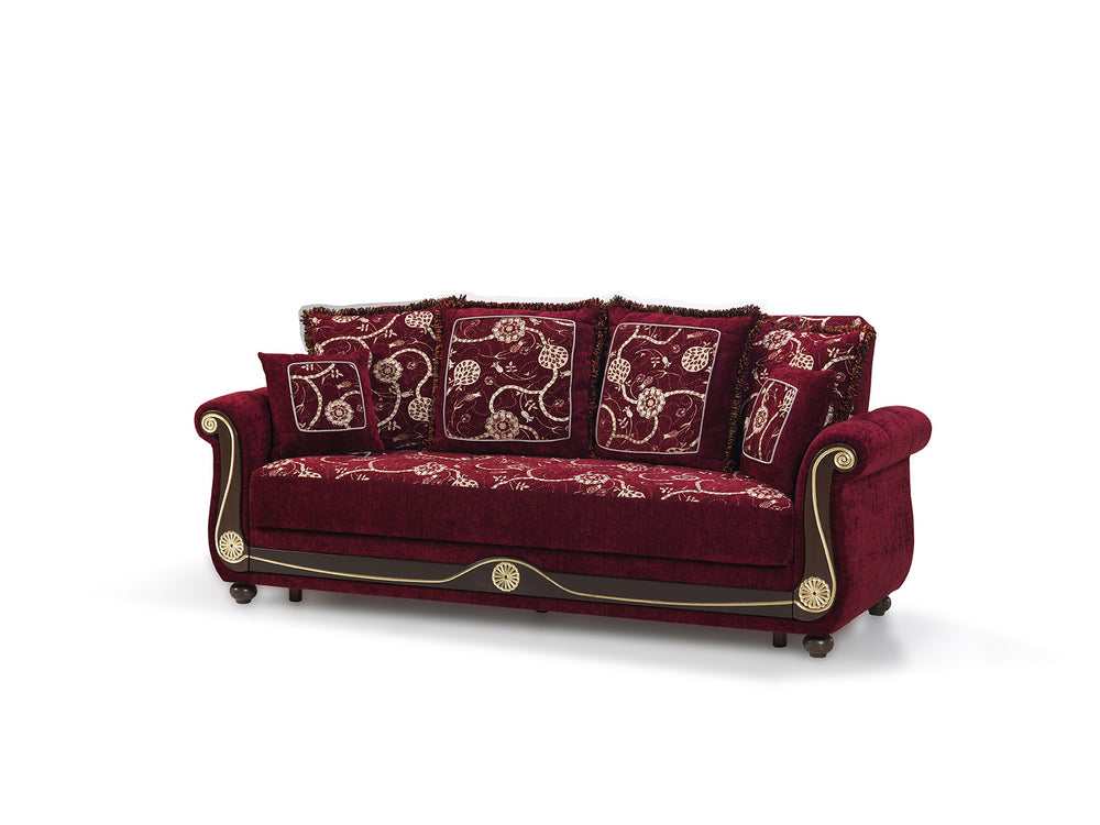 Homeroots 95" Burgundy Chenille Paisley Sleeper Sofa And Toss Pillows   521597