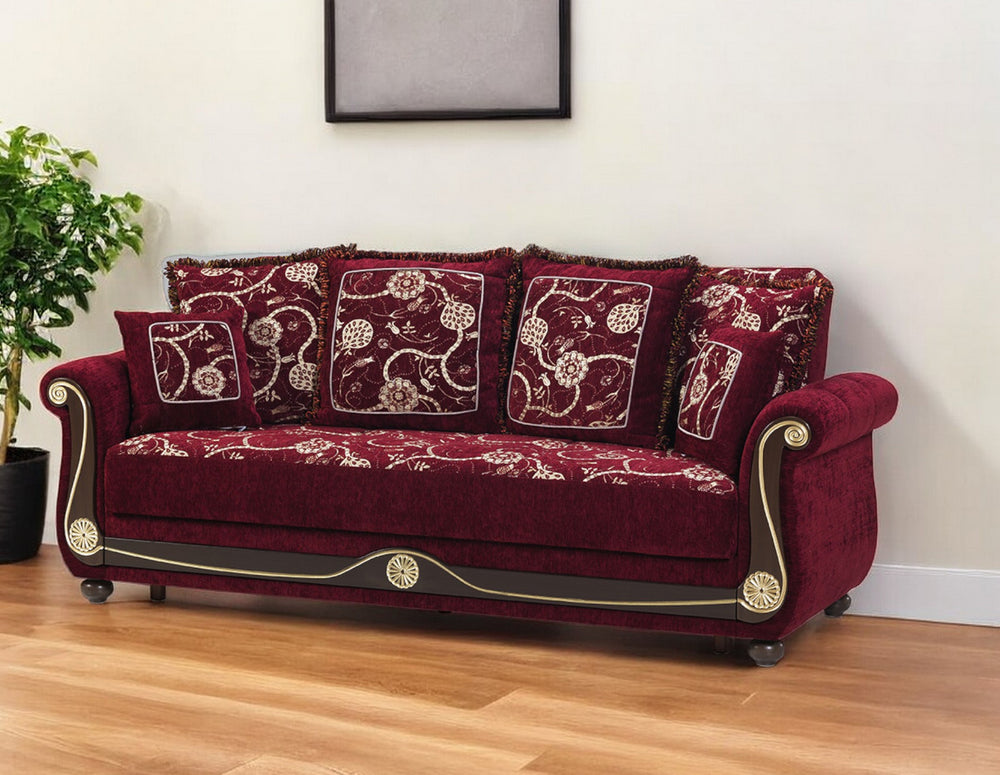 Homeroots 95" Burgundy Chenille Paisley Sleeper Sofa And Toss Pillows   521597