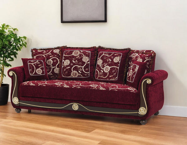 Homeroots 95" Burgundy Chenille Paisley Sleeper Sofa And Toss Pillows   521597