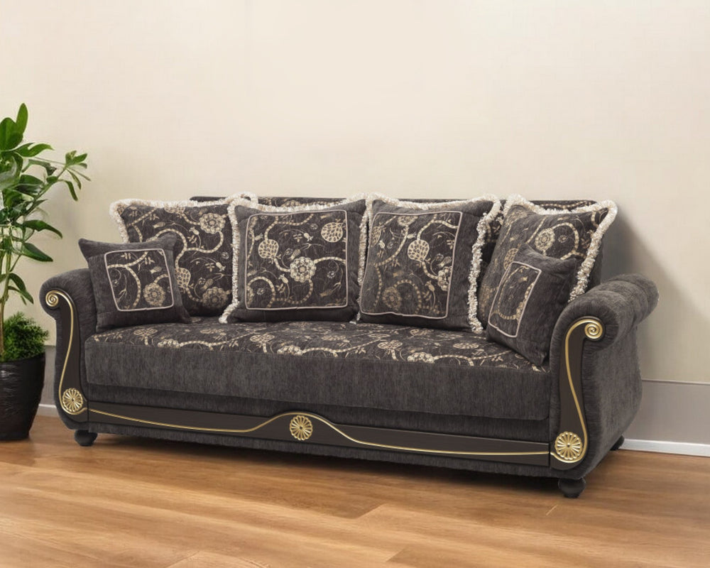 Homeroots 95" Gray Chenille Paisley Sleeper Sofa And Toss Pillows   521598